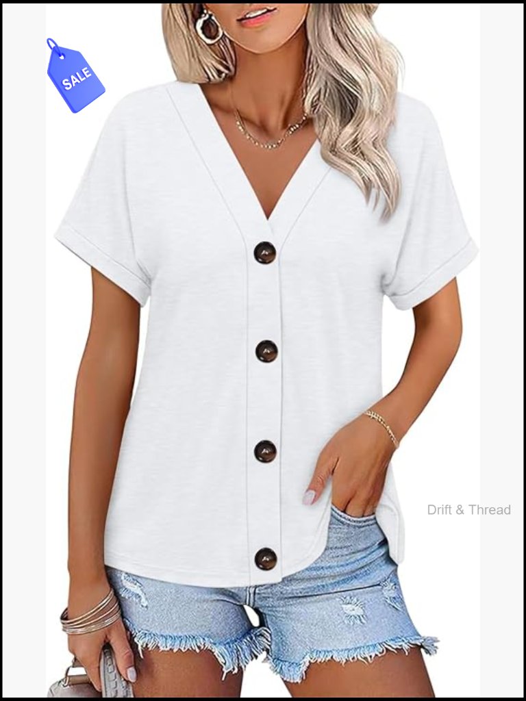 Short Sleeve V Neck Button Down Tunic Tee